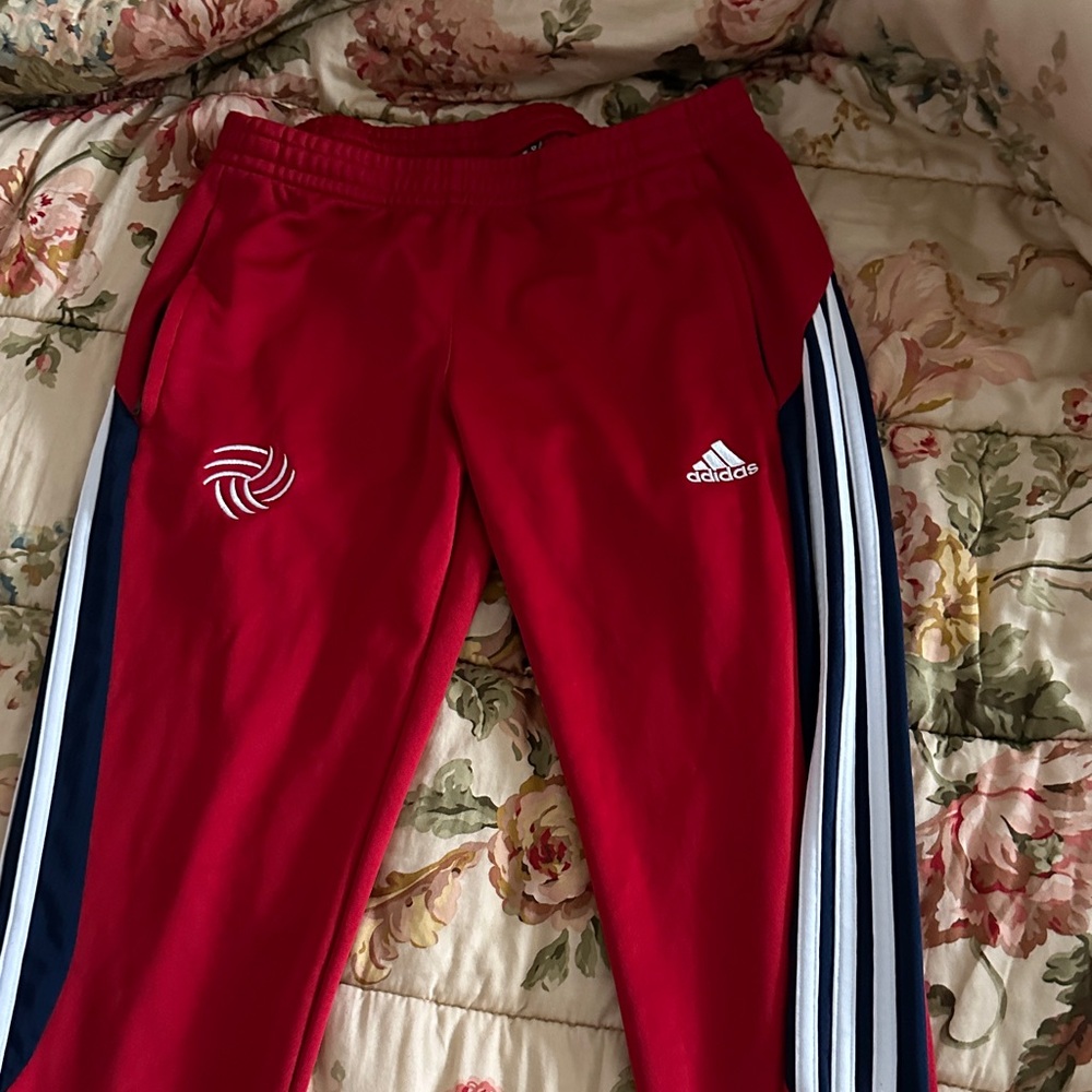 Adidas  Red Joggers with Stripes- featuring a volleyball logo